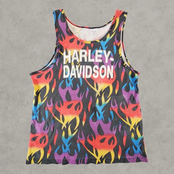 Harley-Davidson Shirt Men Large Multicolor Flame Tank AOP 90s Rare Rainbow Biker